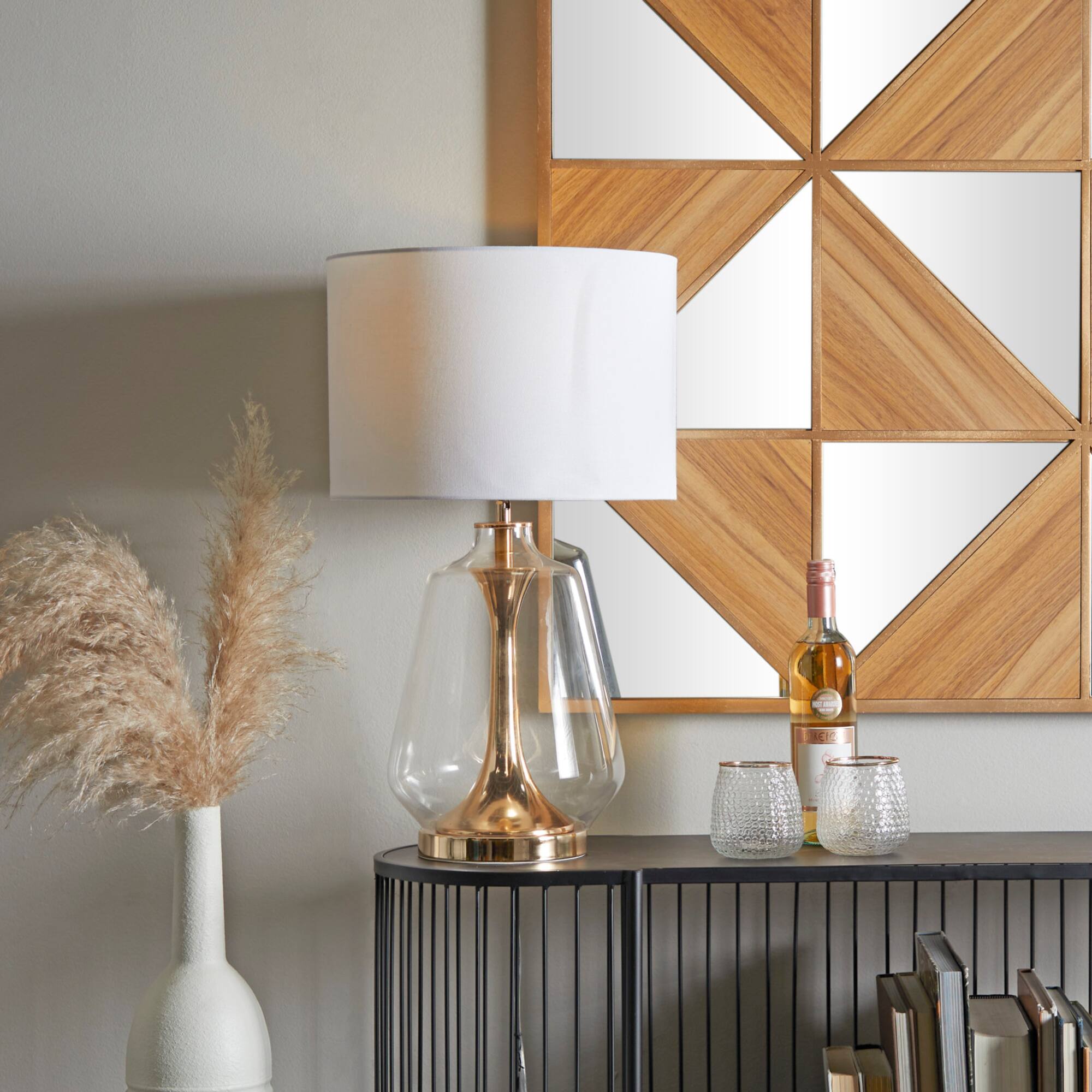 CosmoLiving by Cosmopolitan Gold Glass Transparent Base Table Lamp with Drum Shade 15" x 15" x 24"